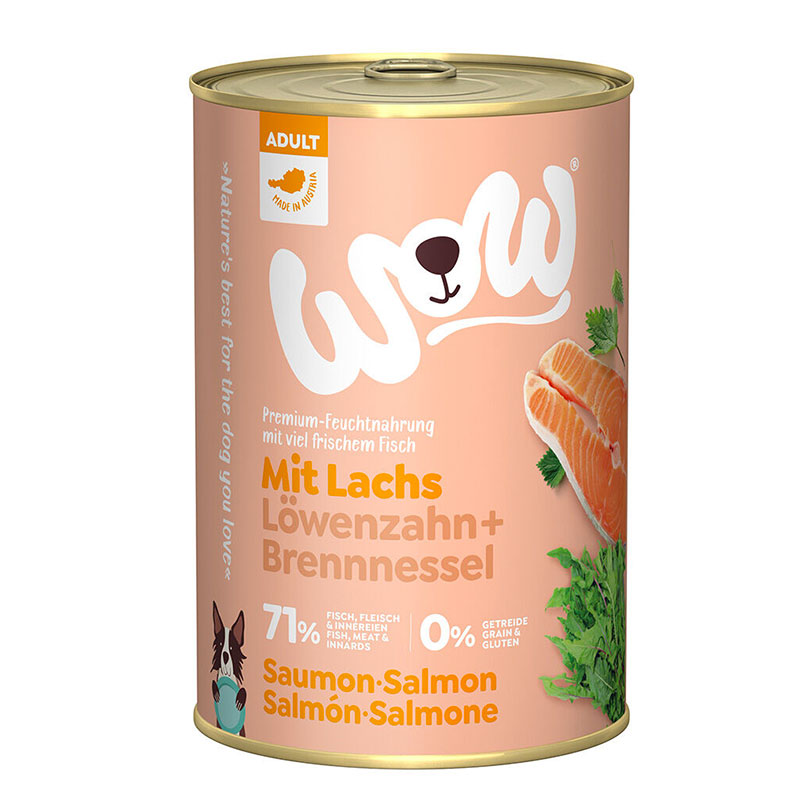 Wow Adulte Saumon avec Pissenlit et Orties aliment humide pour chiens sans céréales